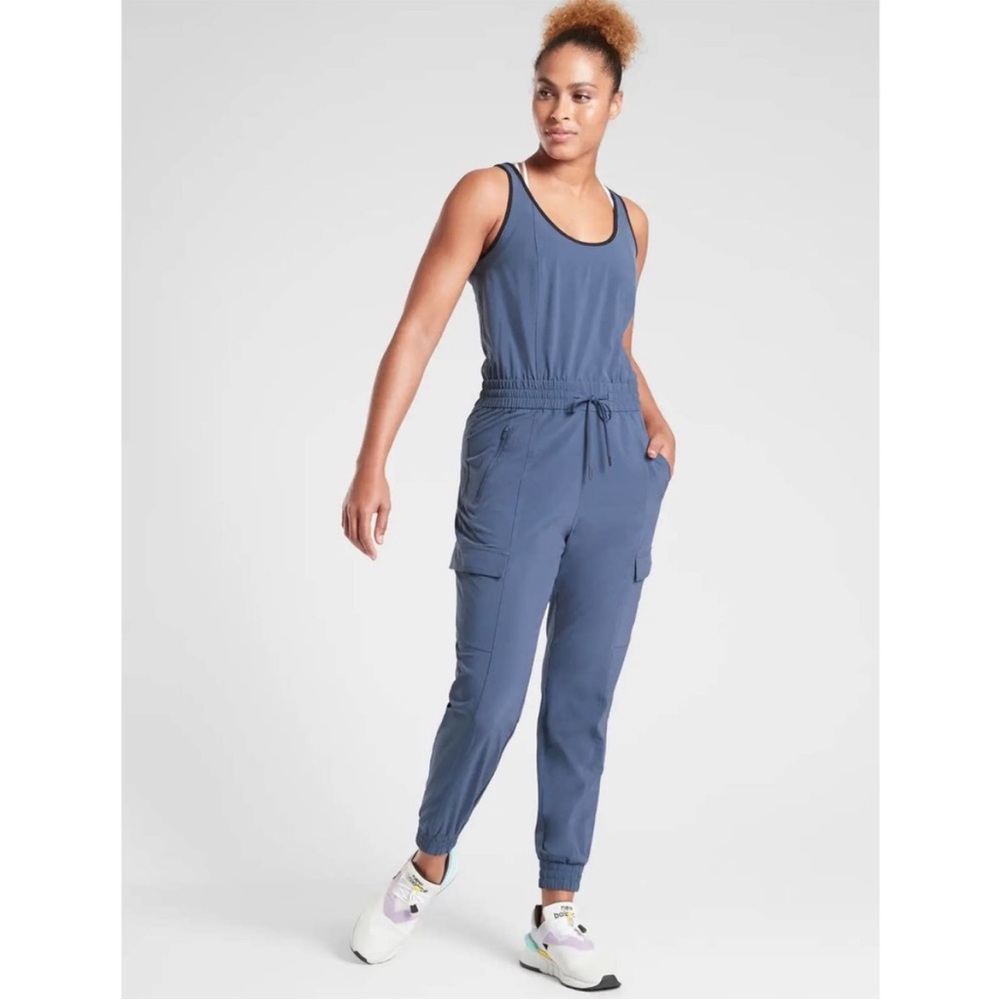 ATHLETA Unbound Jumpsuit Iron Blue Size Small Jogger Cargo Sleeveless Tie Waist